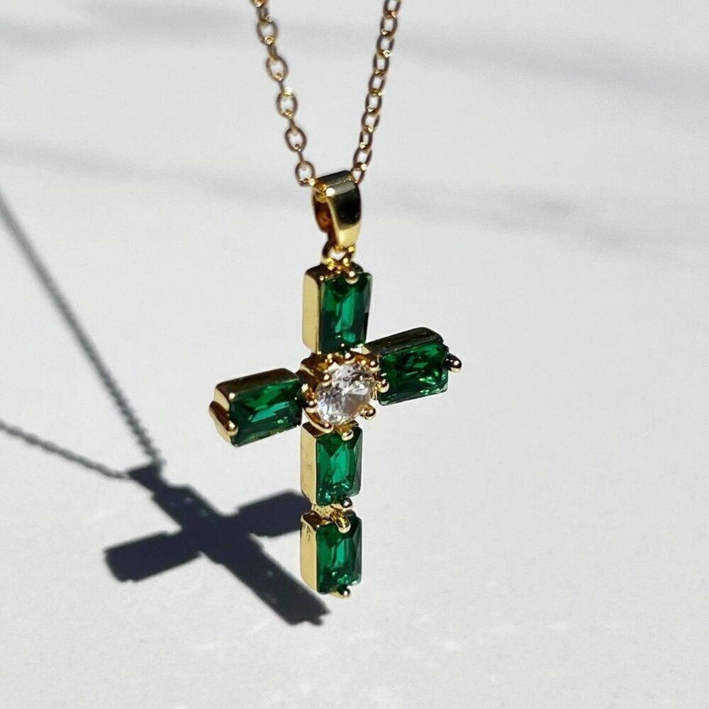 New! “Miriam” Emerald Green Religious Cross Pendant Necklace